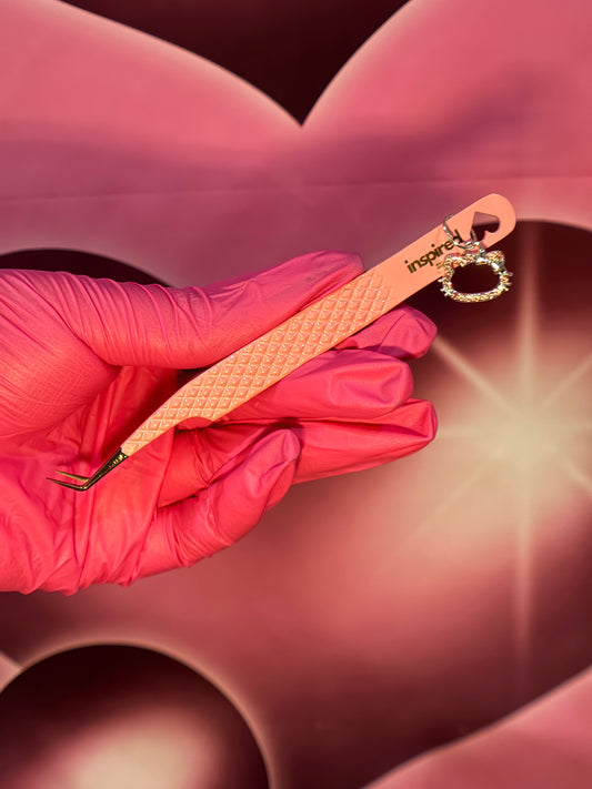 Pink 45 degree Fiber Tip volume tweezer with charm